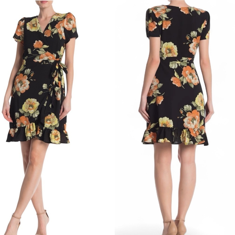 AUM.  Chic Floral Midi Dress - Black and Orange